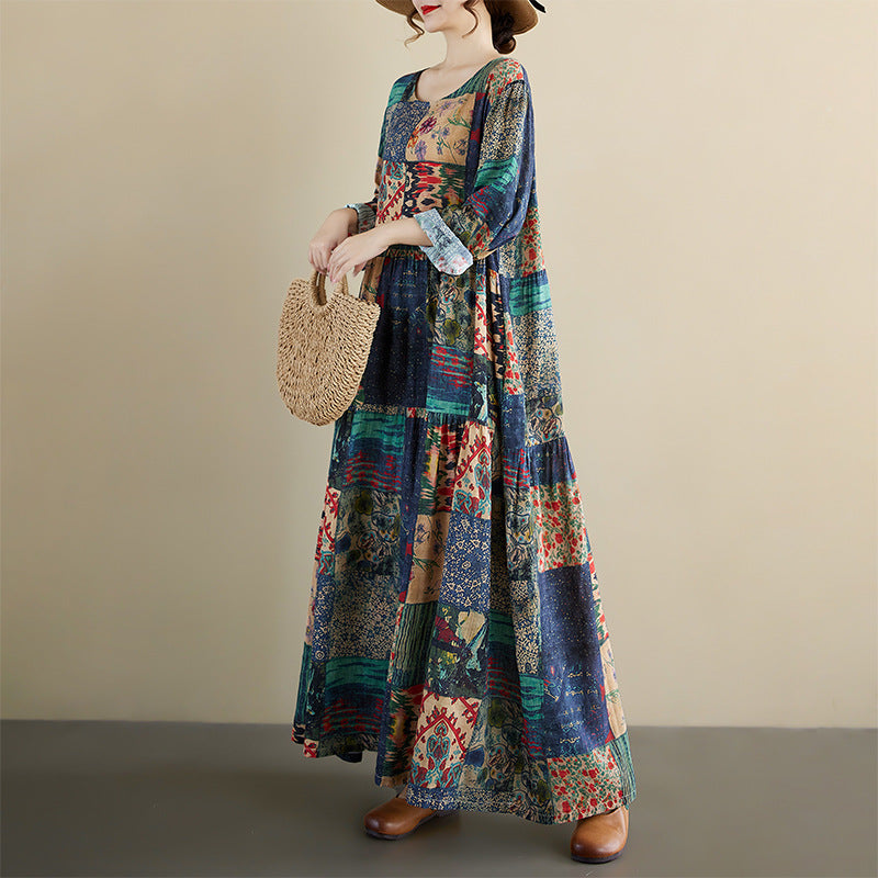 European & American Round Neck Long-Sleeved Linen Cotton Dress